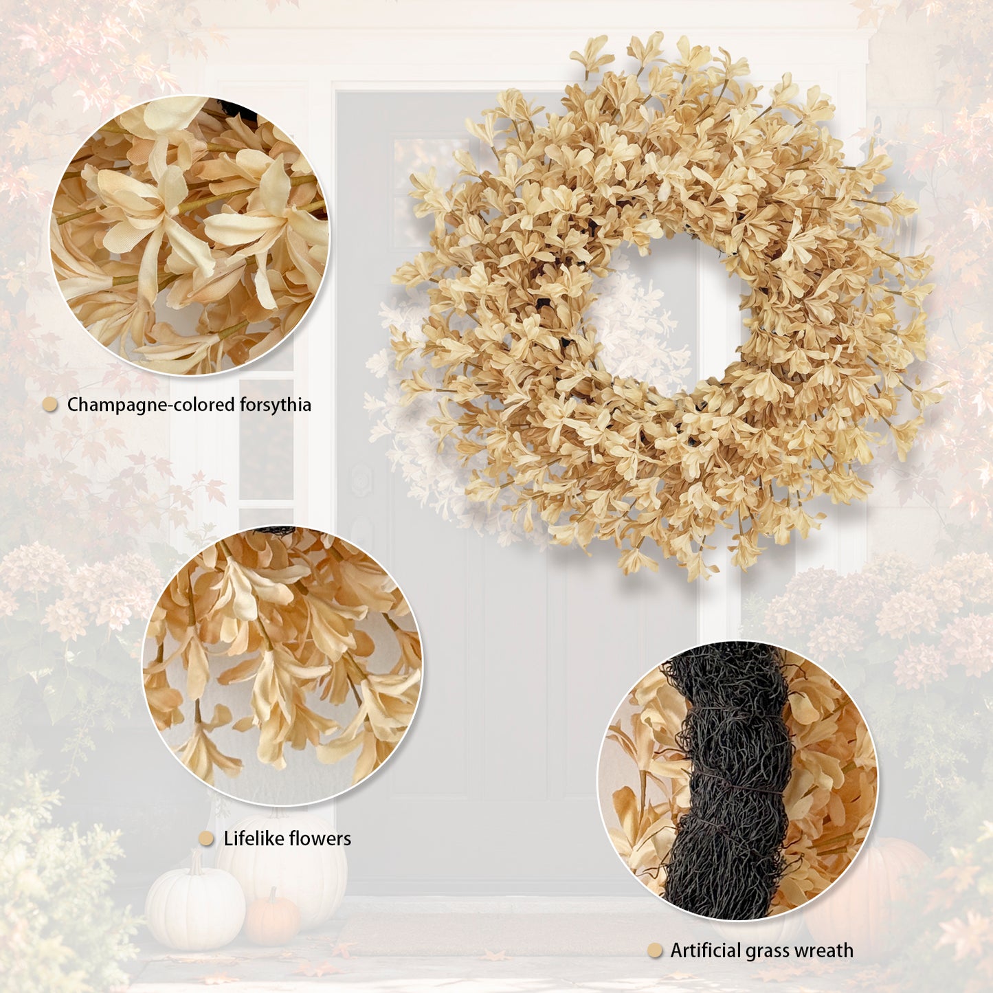 24 Inch Fall Wreaths for Front Door, Beige Forsythia Autumn Wreath