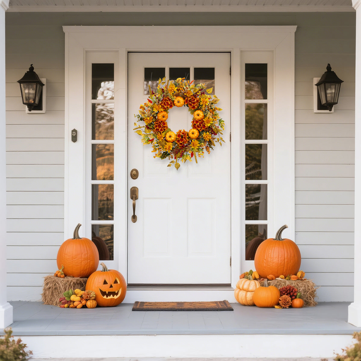 24 Inch Pumpkin Wreath Fall Wreaths for Front Door with Hydrangeas