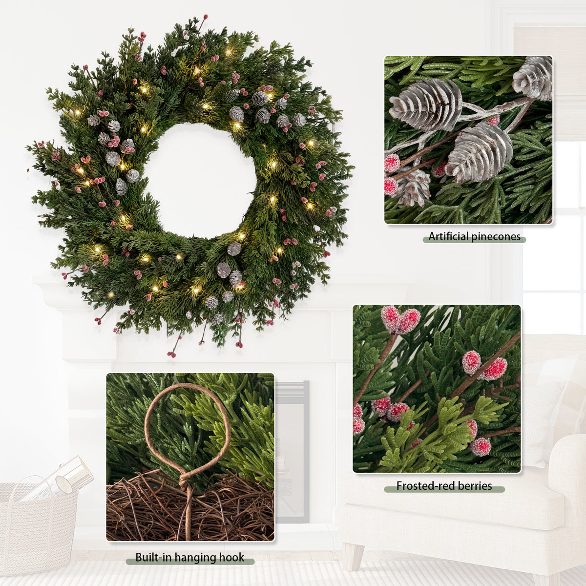 24 inch Pre-Lit Christmas Wreath with Lights, Pine and Cypress Berry Wreath