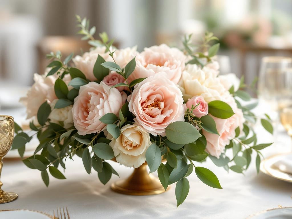 Low and lush wedding centerpiece with dusty rose peonies and eucalyptus