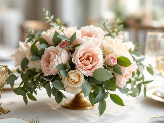 Low and lush wedding centerpiece with dusty rose peonies and eucalyptus