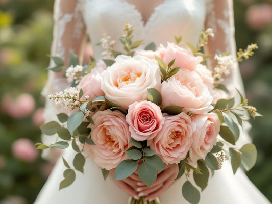 Beautiful bride holding elegant artificial silk wedding bouquet - Budget wedding flowers guide