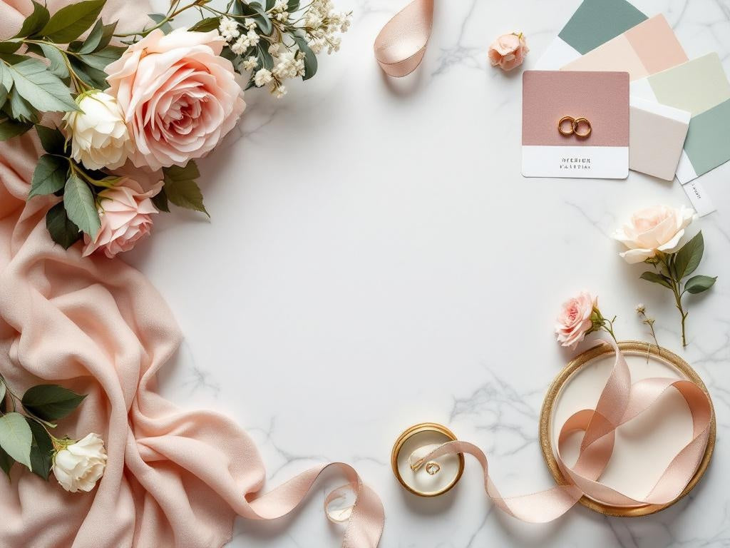 Wedding color palette flat lay with fabric swatches and silk flowers
