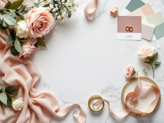Wedding color palette flat lay with fabric swatches and silk flowers