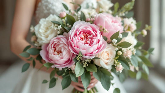 Lush bridal bouquet with pink Sarah Bernhardt peonies and white garden roses - May wedding flower inspiration