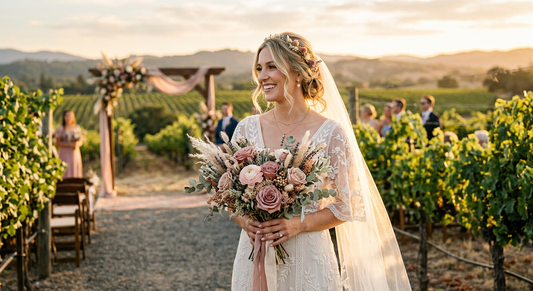 Beautiful bride with preserved flower wedding bouquet