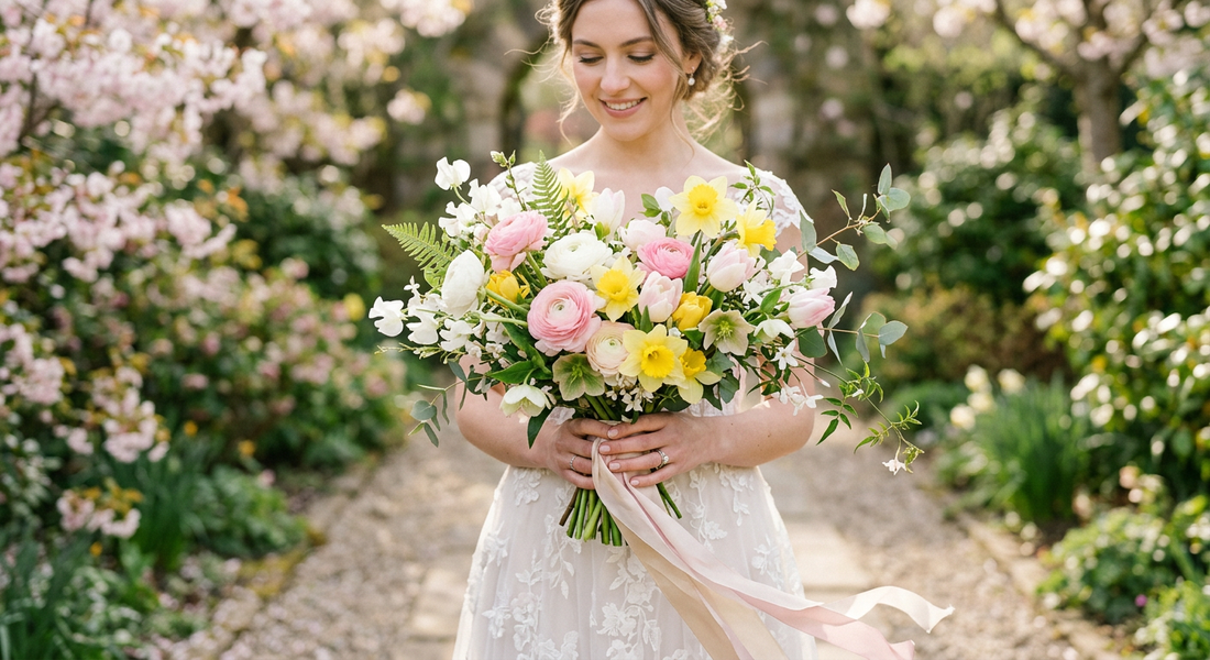Beautiful spring wedding flowers with tulips and daffodils