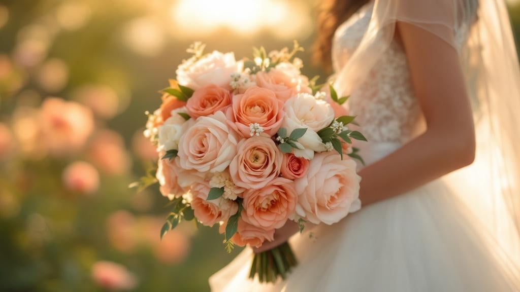 Summer sunset wedding bouquet with coral and peach flowers