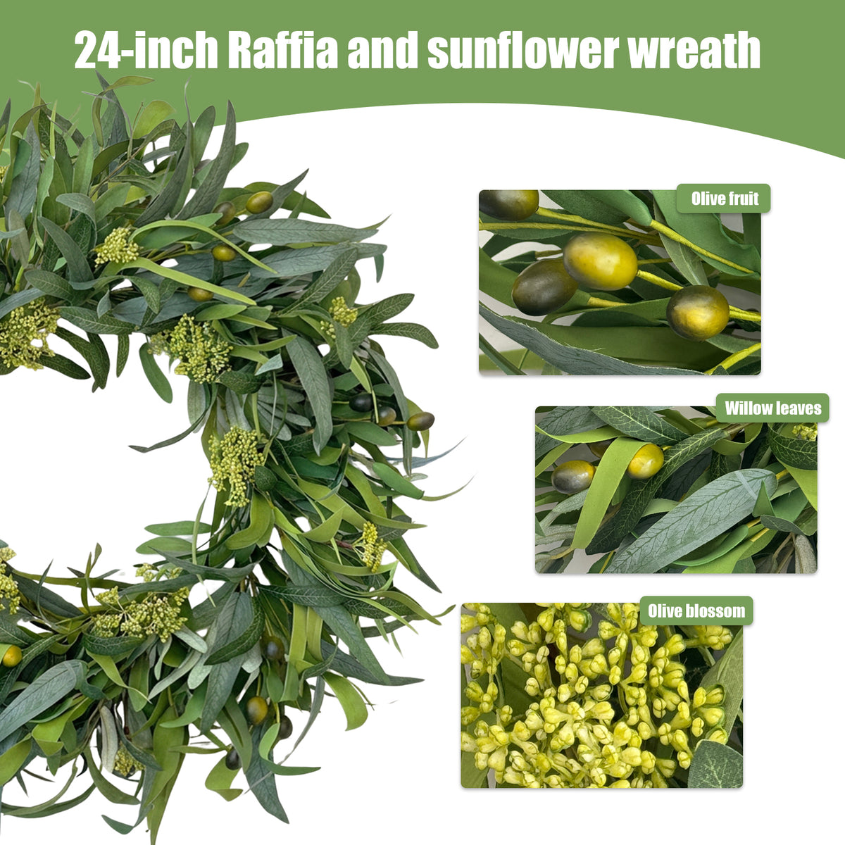 24 Inch Olive Wreath Artificial Greenery Spring Summer Wreath with Mixed Willow Leaves & Olive Fruit