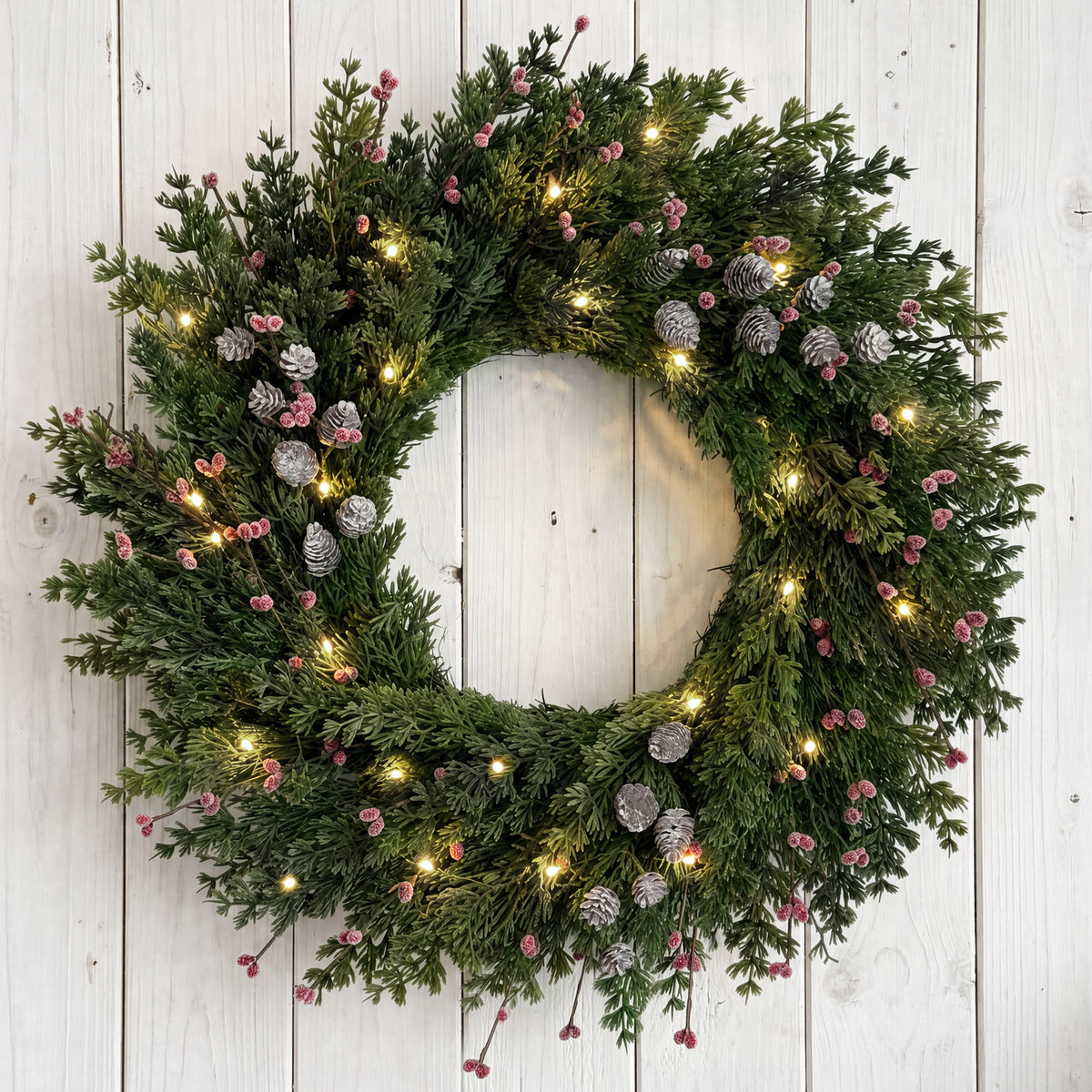 24 inch Pre-Lit Christmas Wreath with Lights, Pine and Cypress Berry Wreath