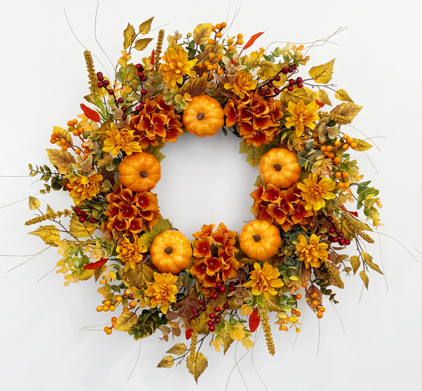 24 Inch Pumpkin Wreath Fall Wreaths for Front Door with Hydrangeas