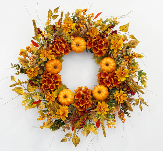 24 Inch Pumpkin Wreath Fall Wreaths for Front Door with Hydrangeas