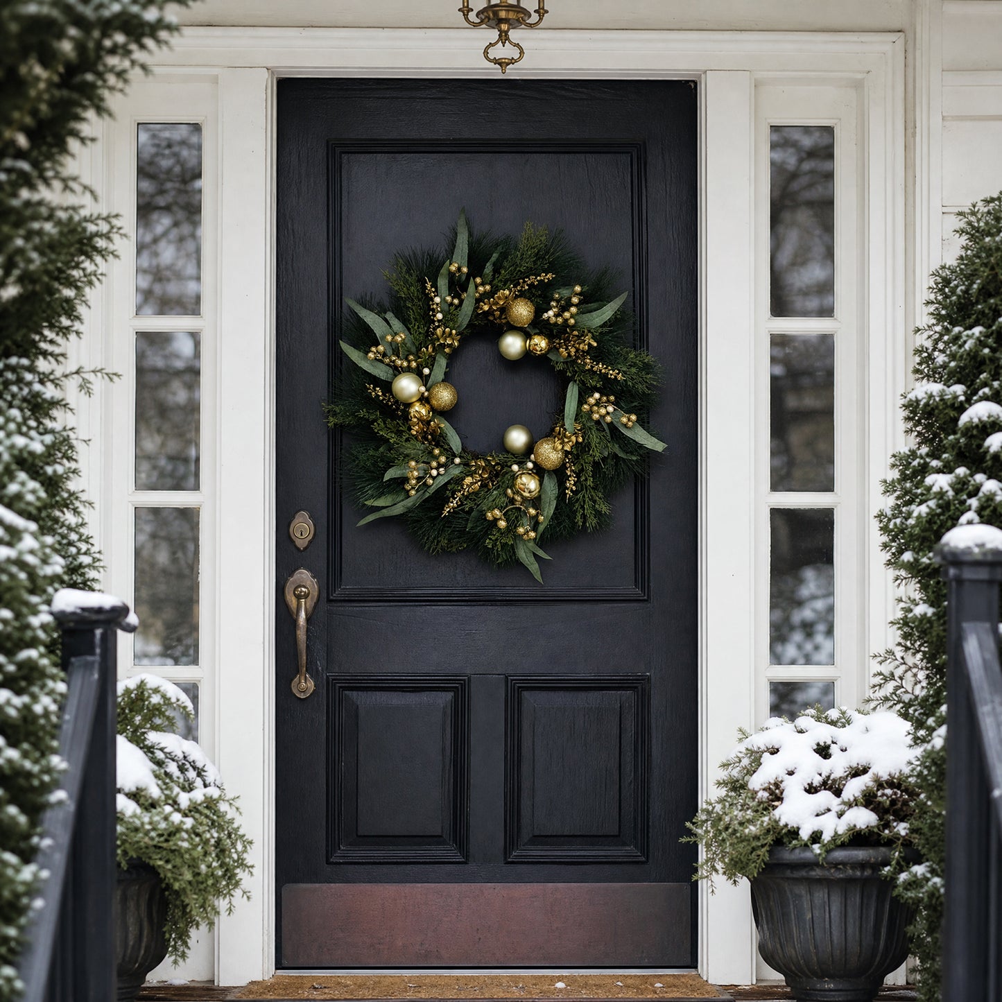 26 Inch Pre-Lit Christmas Wreath for Front Door, Gold Ball Ornaments