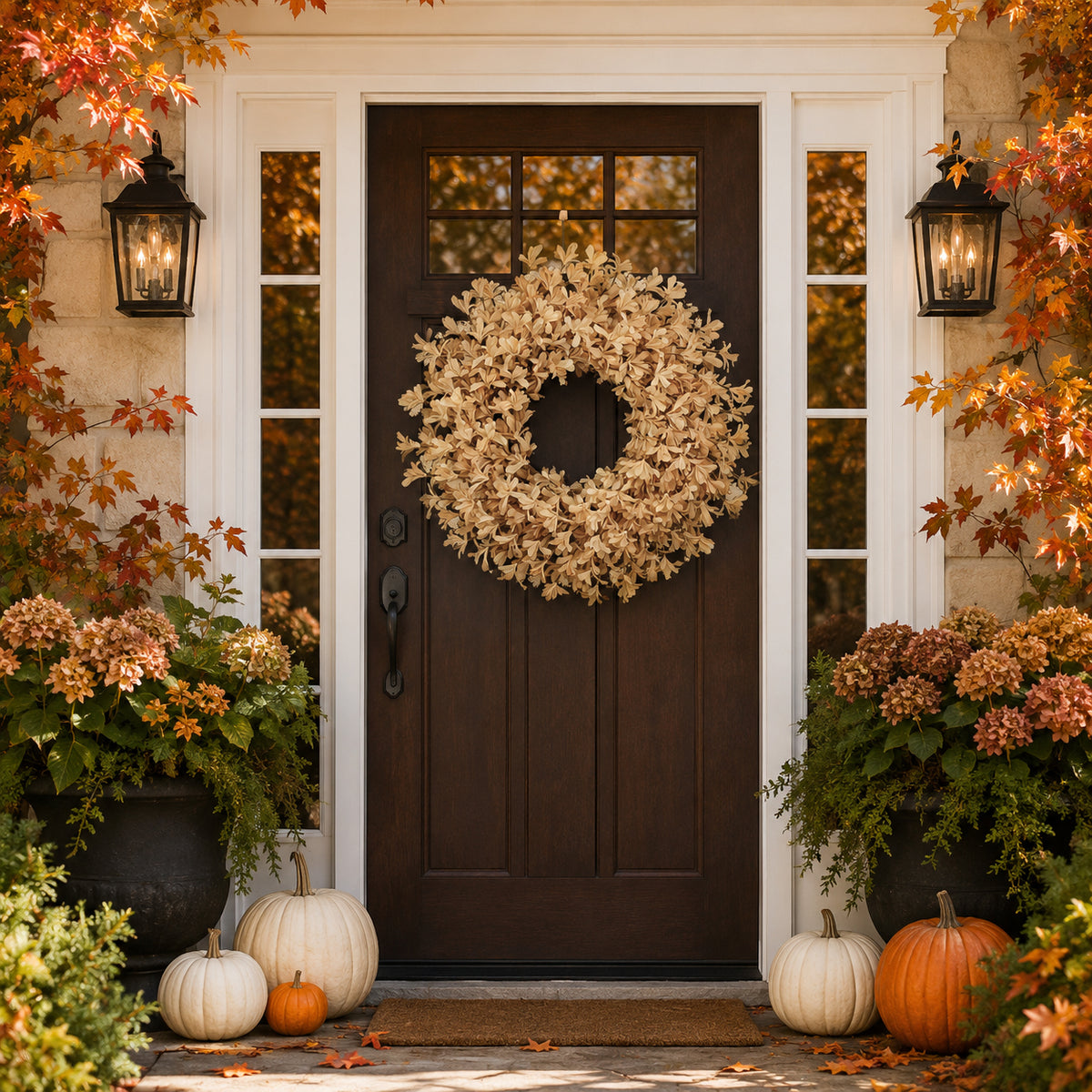 24 Inch Fall Wreaths for Front Door, Beige Forsythia Autumn Wreath