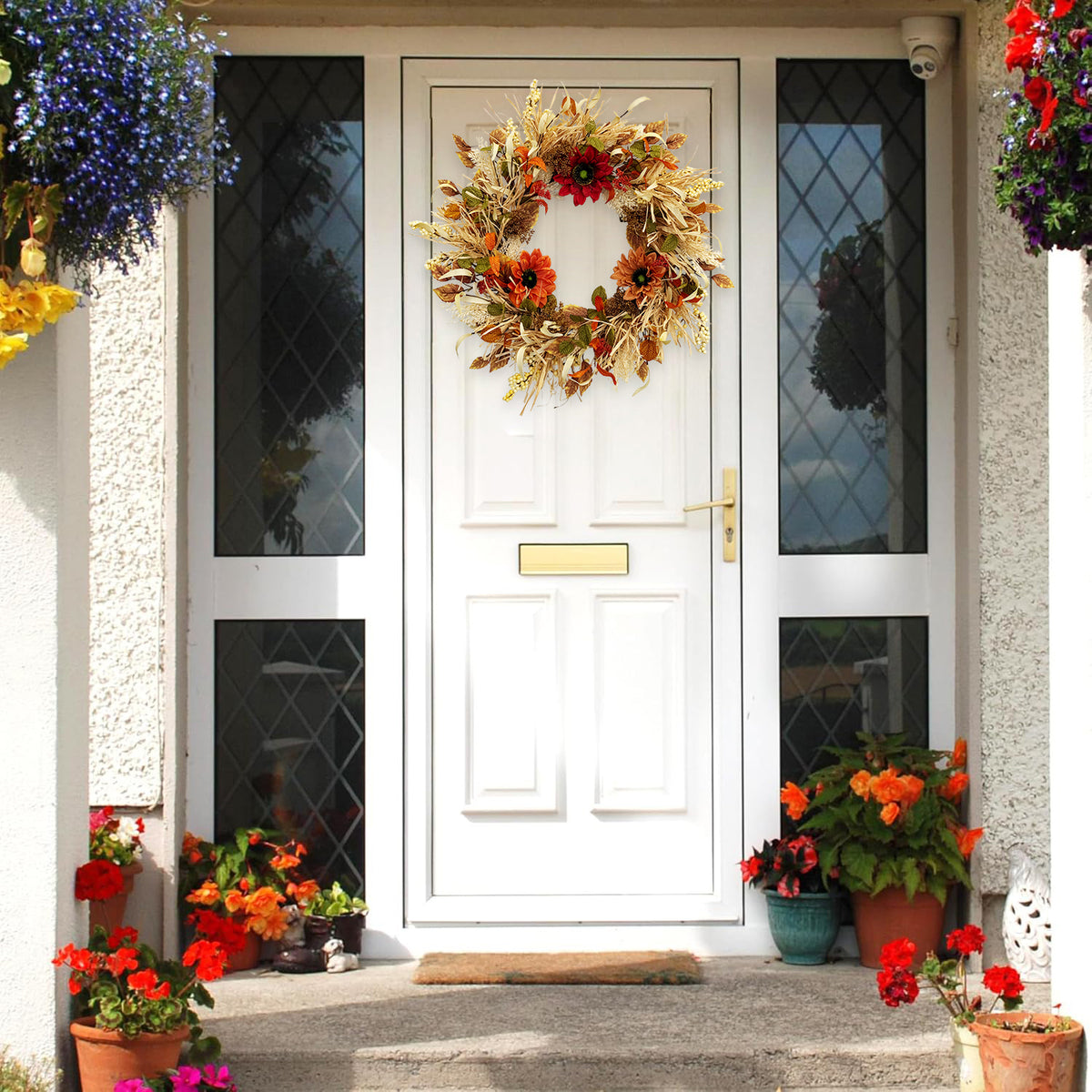 24 Inch Fall Wreaths for Front Door with Sunflowers and Raffia