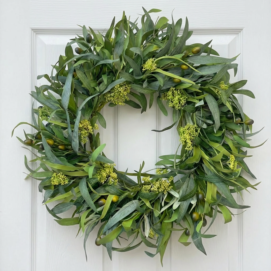 24 Inch Olive Wreath Artificial Greenery Spring Summer Wreath with Mixed Willow Leaves & Olive Fruit