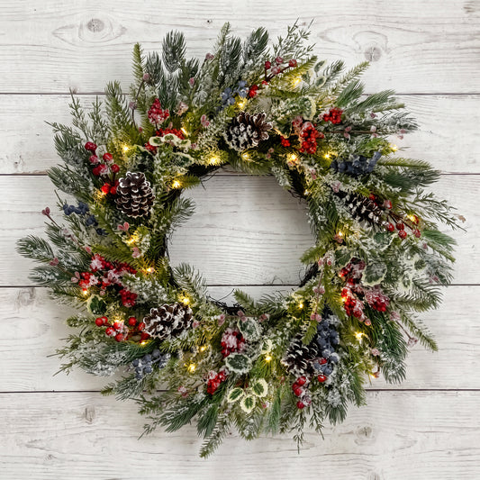 Christmas Wreath with Lights 24 Inch PreLit Xmas Wreaths for Front Door
