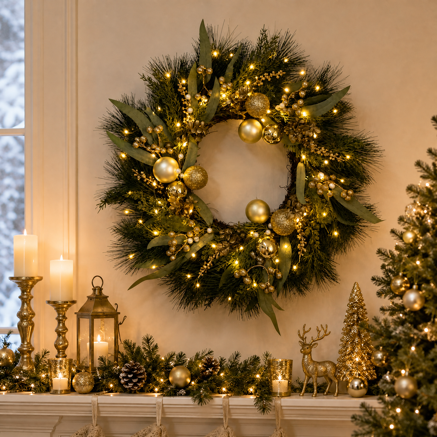 26 Inch Pre-Lit Christmas Wreath for Front Door, Gold Ball Ornaments