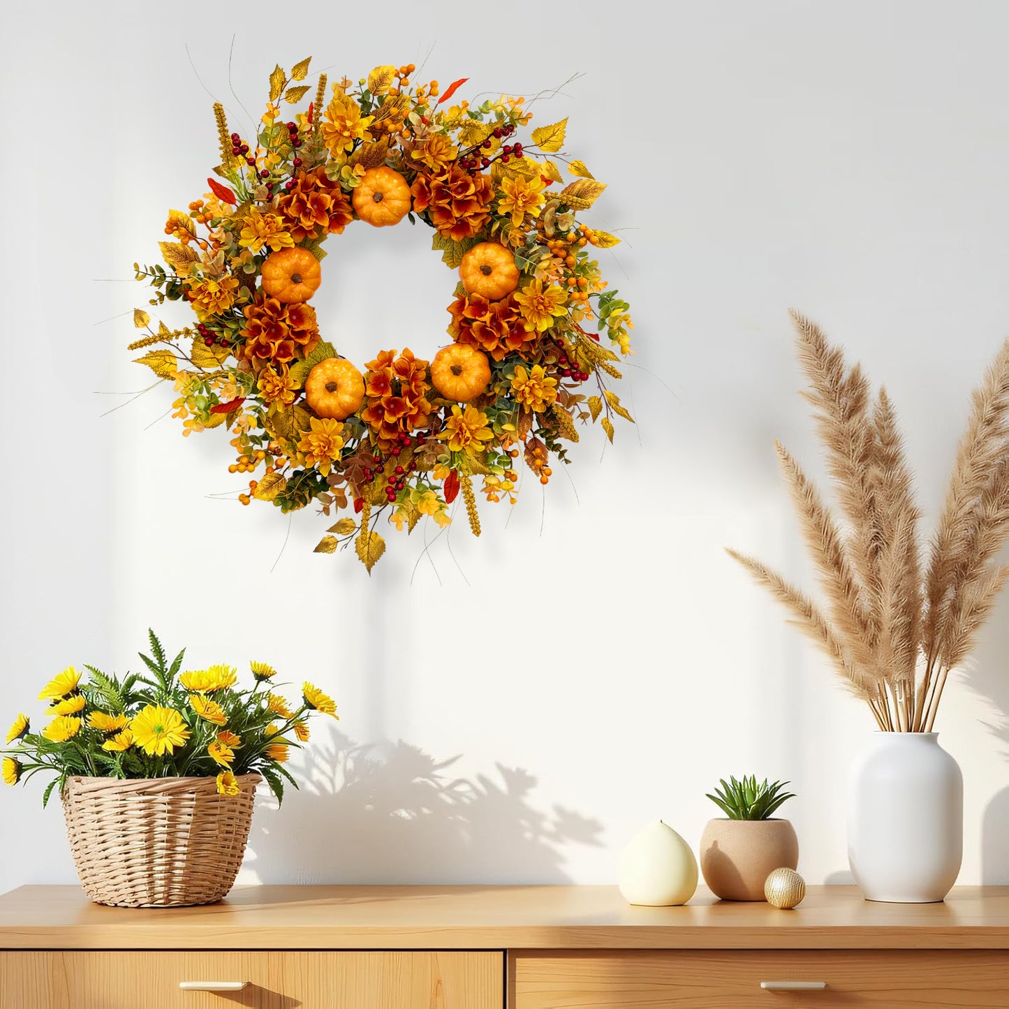 24 Inch Pumpkin Wreath Fall Wreaths for Front Door with Hydrangeas
