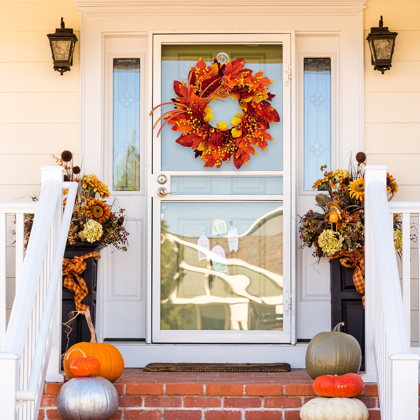 24 Inch Fall Wreaths for Front Door with Maple Leaves and Berries