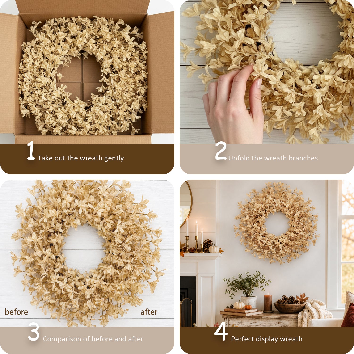 24 Inch Fall Wreaths for Front Door, Beige Forsythia Autumn Wreath