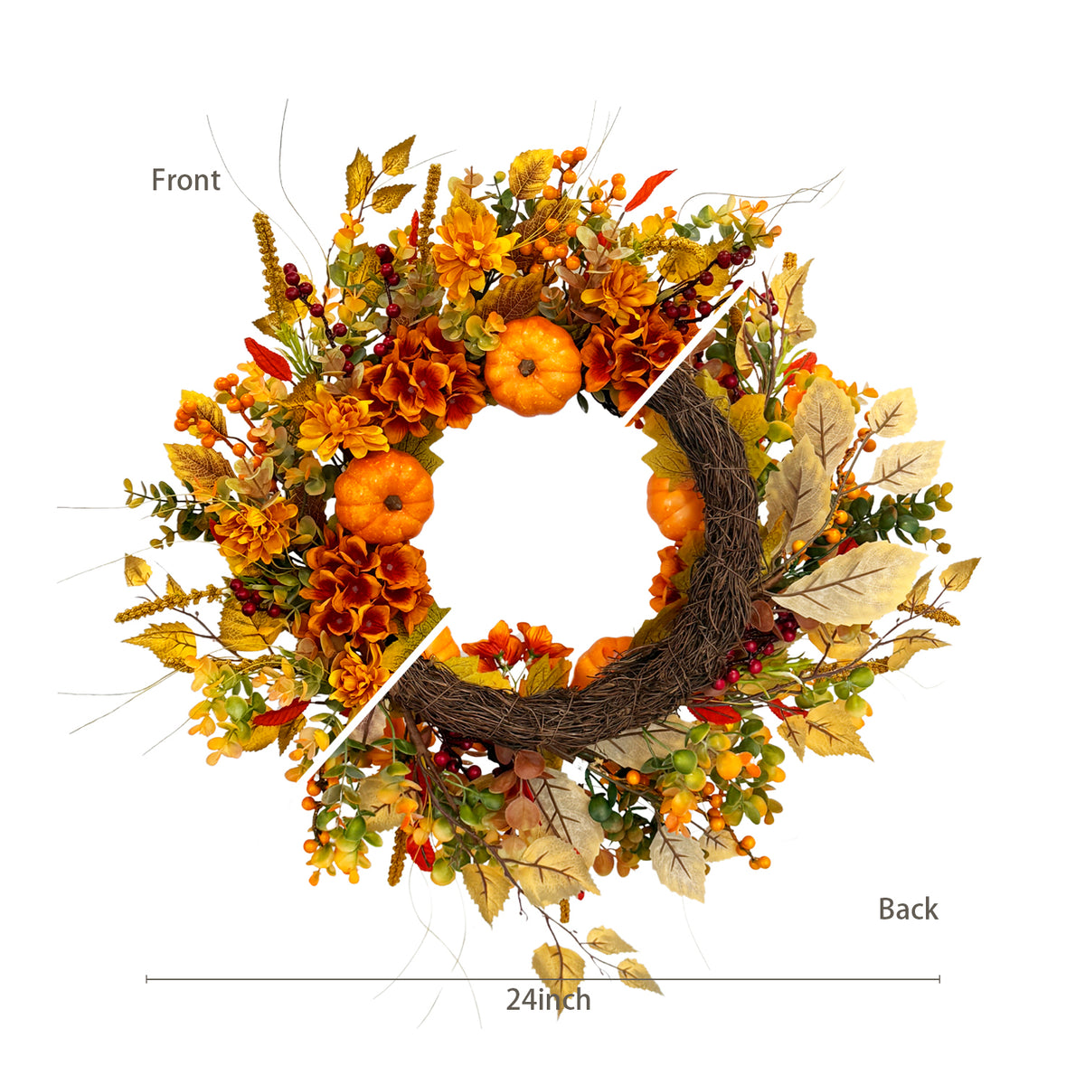 24 Inch Pumpkin Wreath Fall Wreaths for Front Door with Hydrangeas