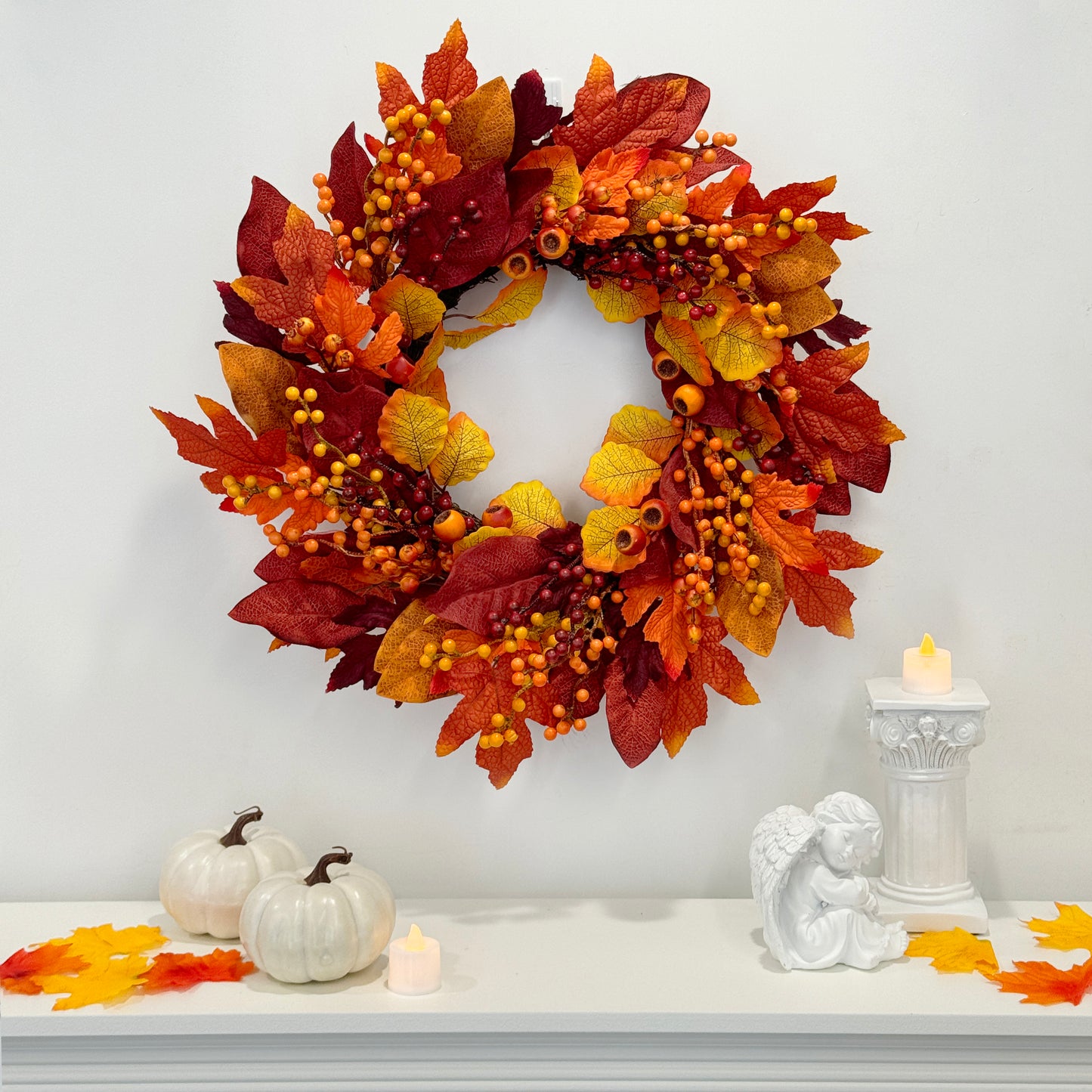 24 Inch Fall Wreaths for Front Door with Maple Leaves and Berries