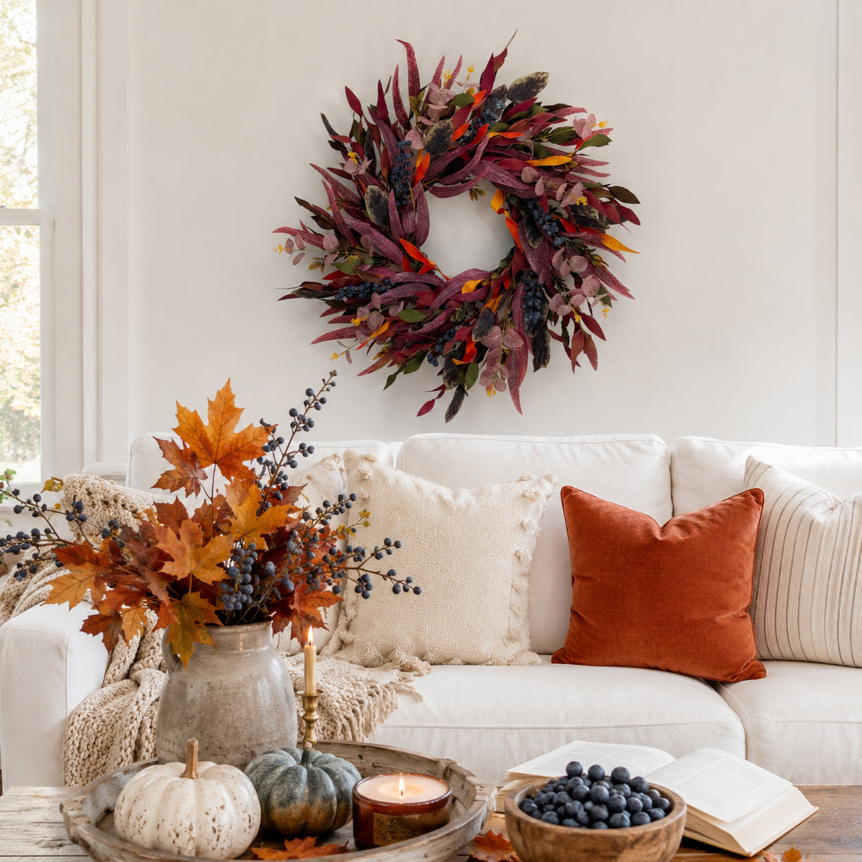 26 Inch Fall Wreaths for Front Door, Eucalyptus and Blueberry Wreath