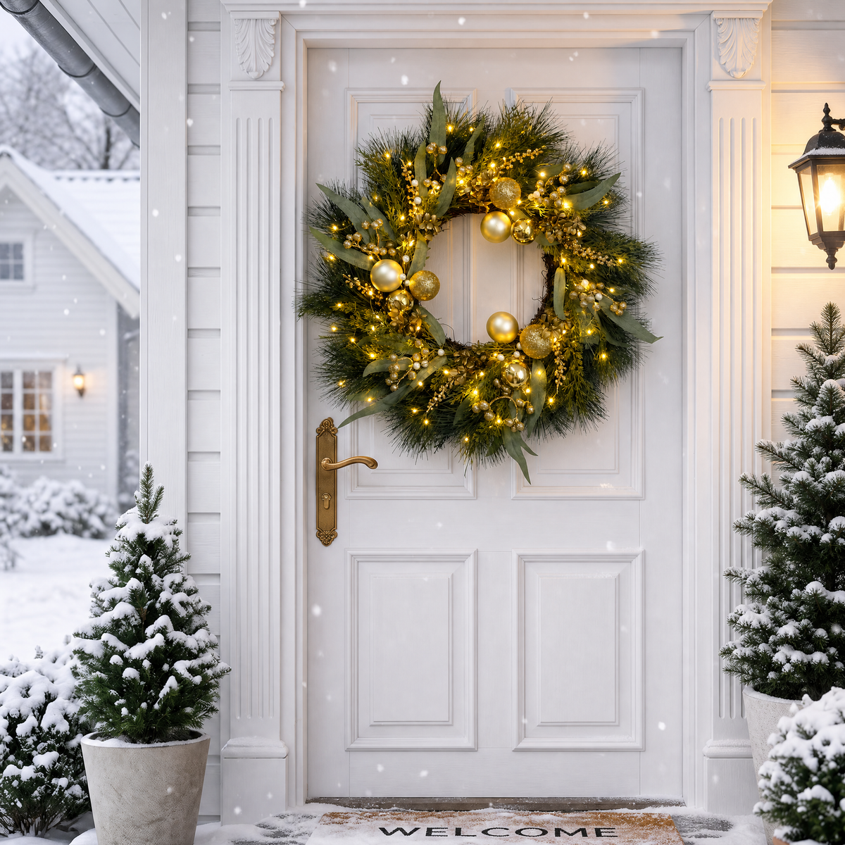 26 Inch Pre-Lit Christmas Wreath for Front Door, Gold Ball Ornaments