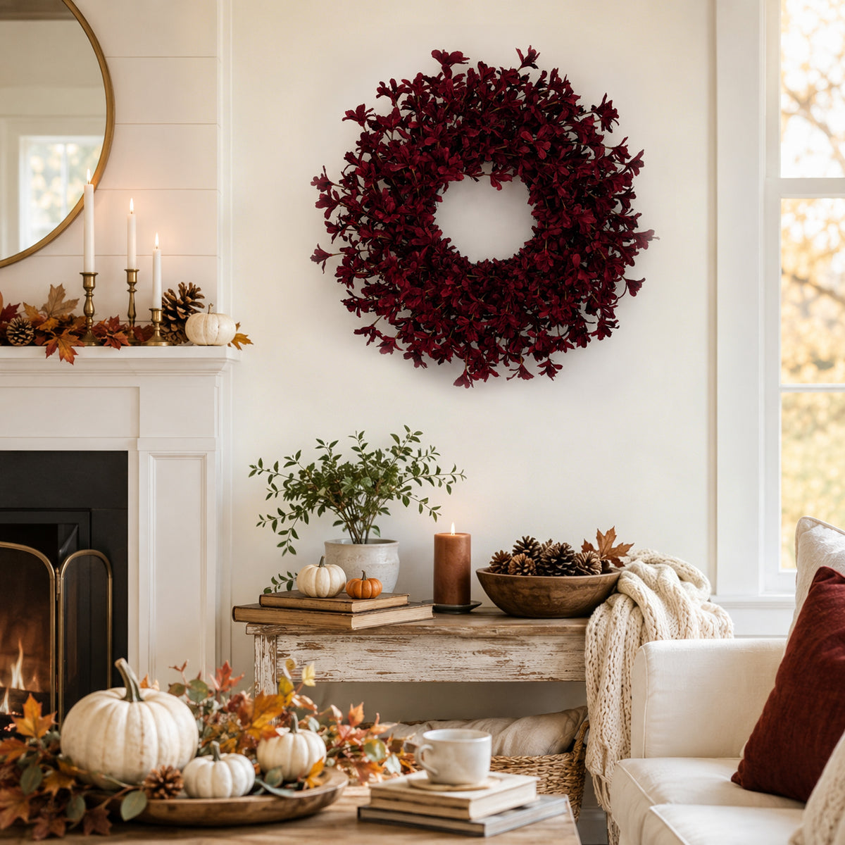 24 Inch Burgundy Fall Wreaths for Front Door, Artificial Forsythia Wreath