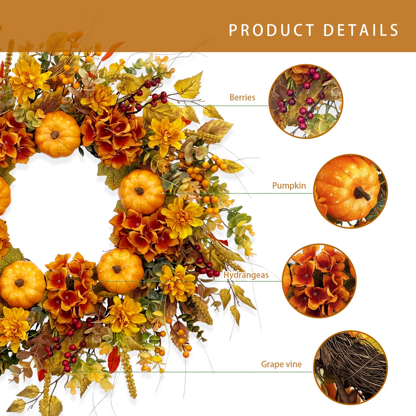 24 Inch Pumpkin Wreath Fall Wreaths for Front Door with Hydrangeas