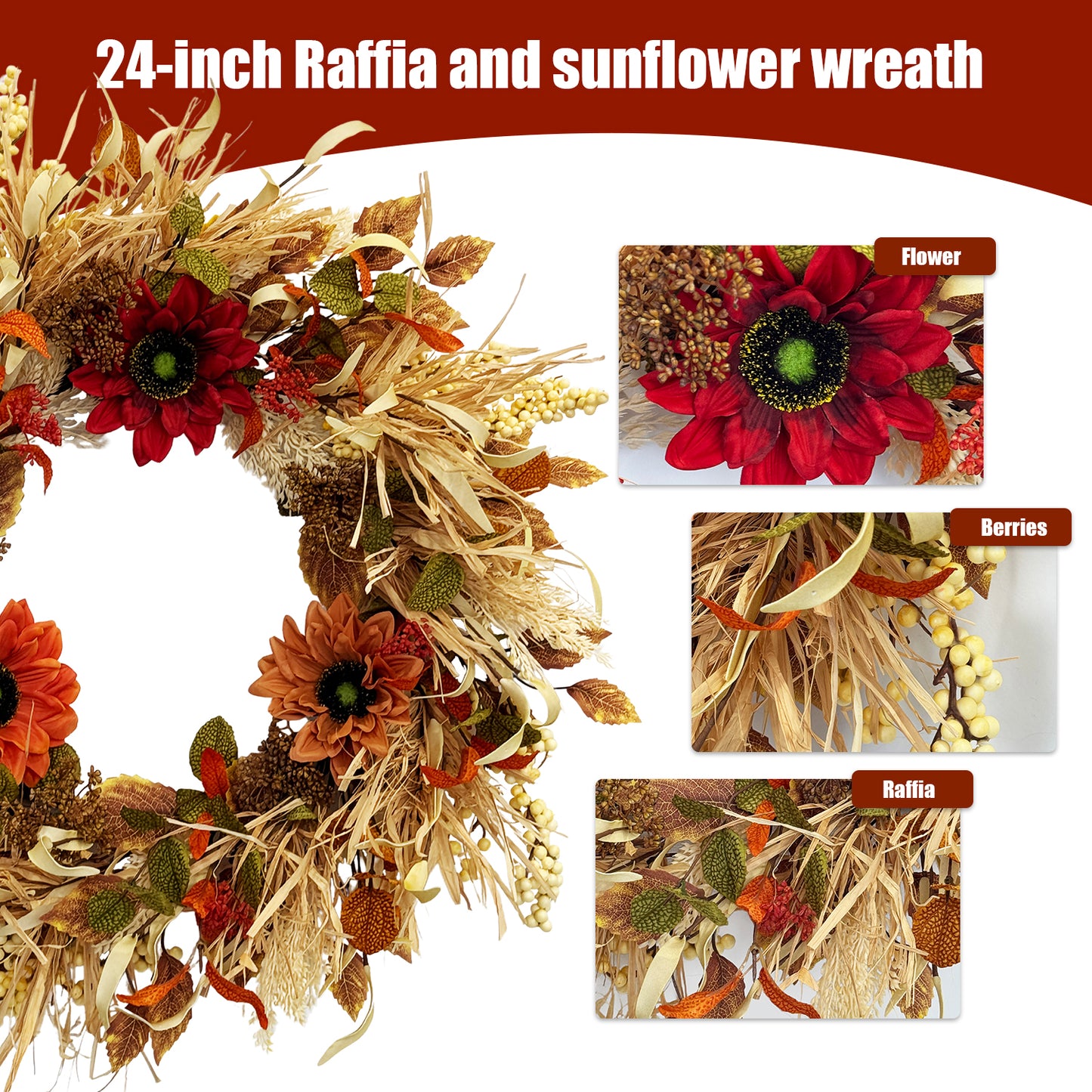 24 Inch Fall Wreaths for Front Door with Sunflowers and Raffia