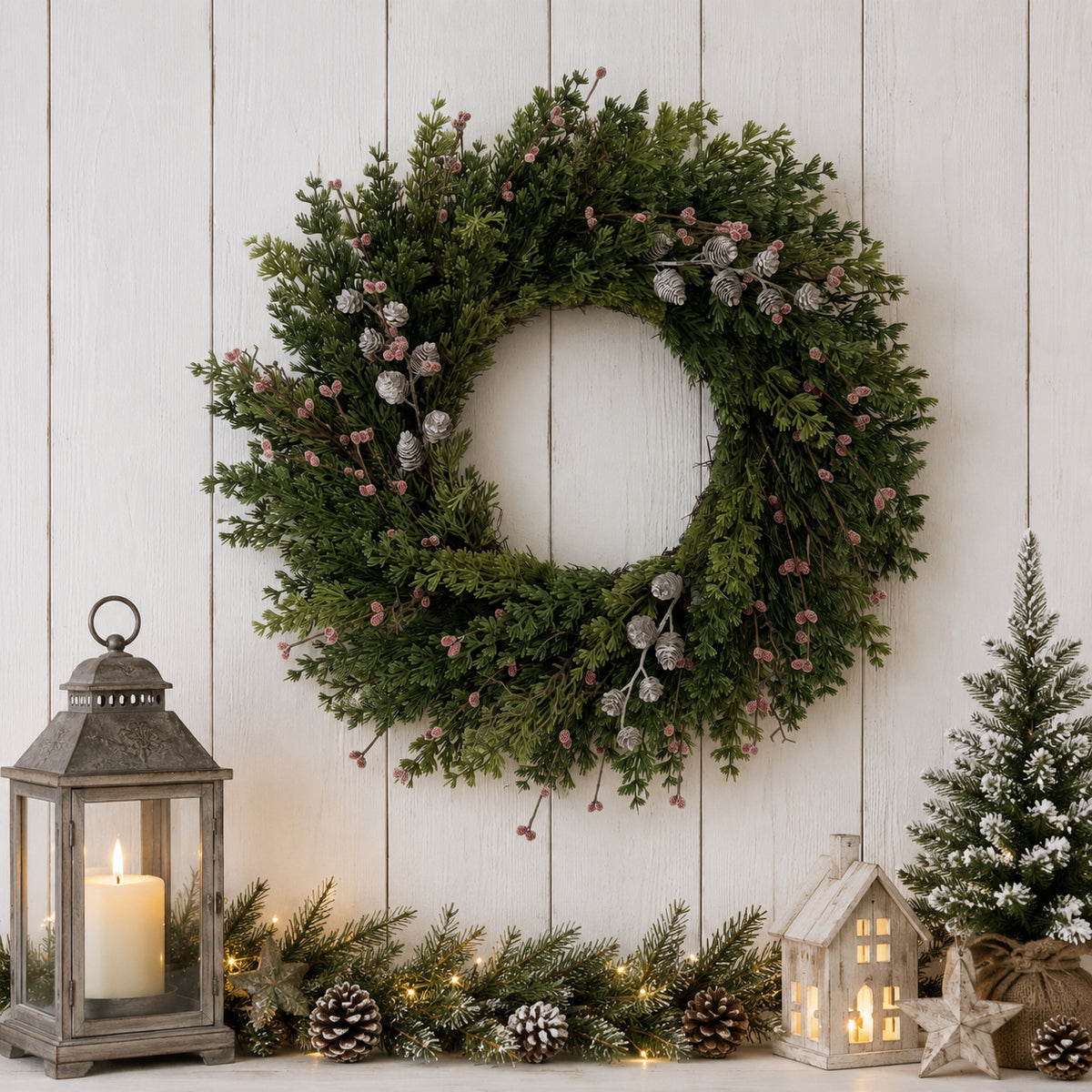 24 inch Pre-Lit Christmas Wreath with Lights, Pine and Cypress Berry Wreath