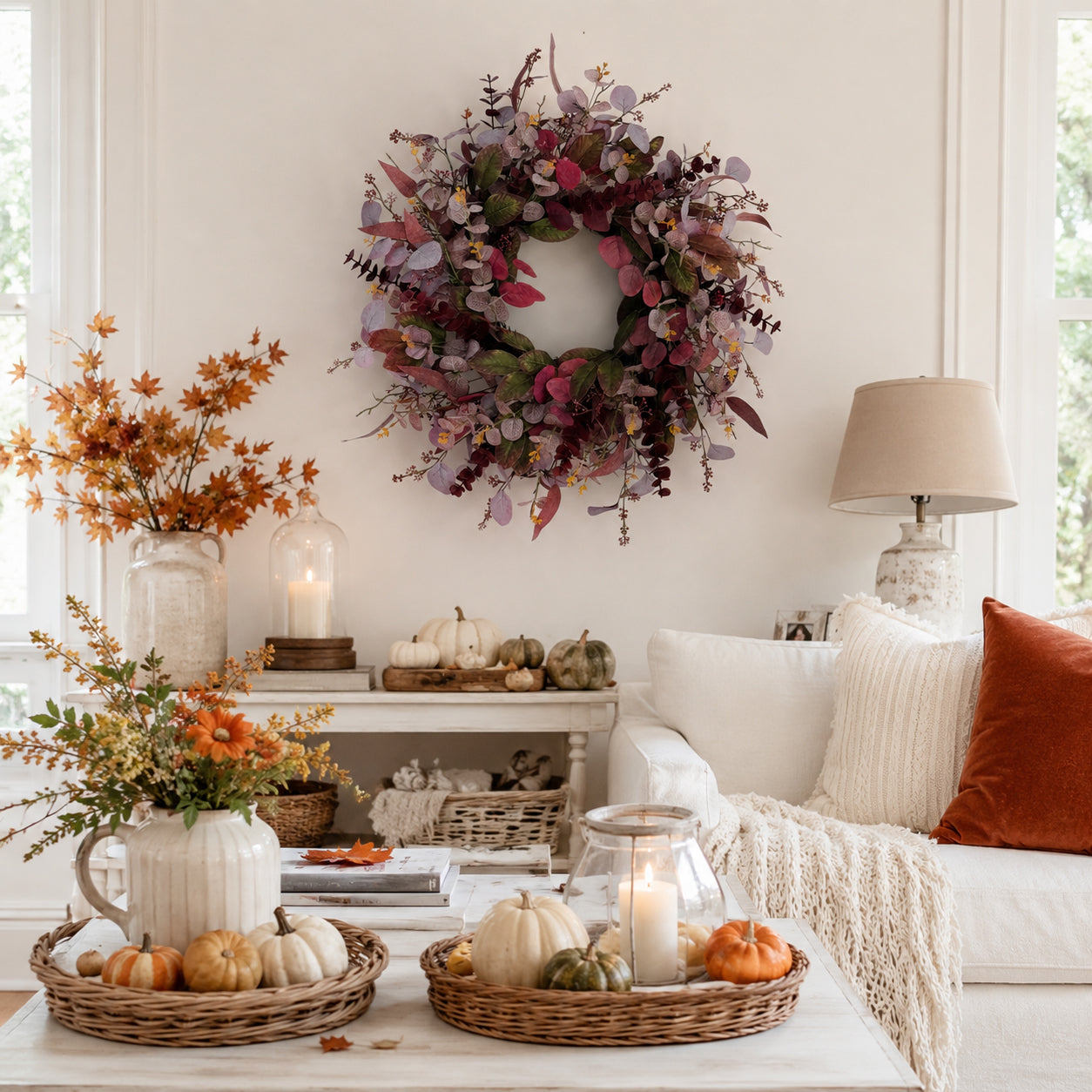 26 Inch Fall Wreaths for Front Door, Artificial Eucalyptus Autumn Wreath