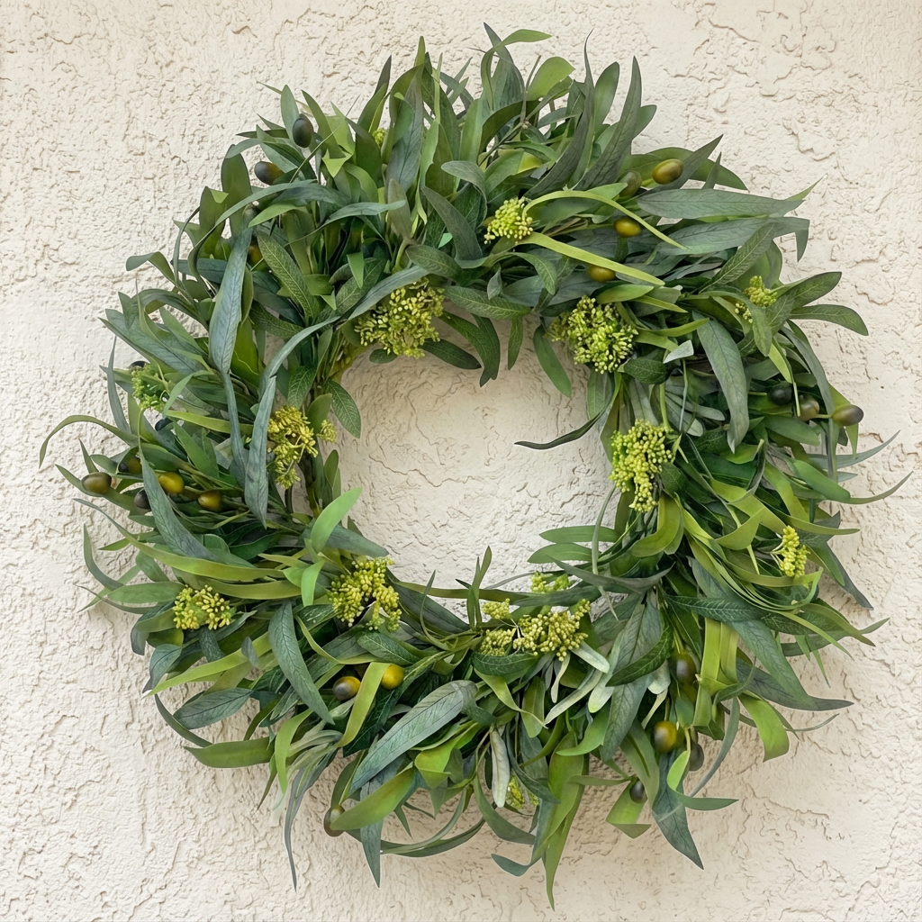 24 Inch Olive Wreath Artificial Greenery Spring Summer Wreath with Mixed Willow Leaves & Olive Fruit