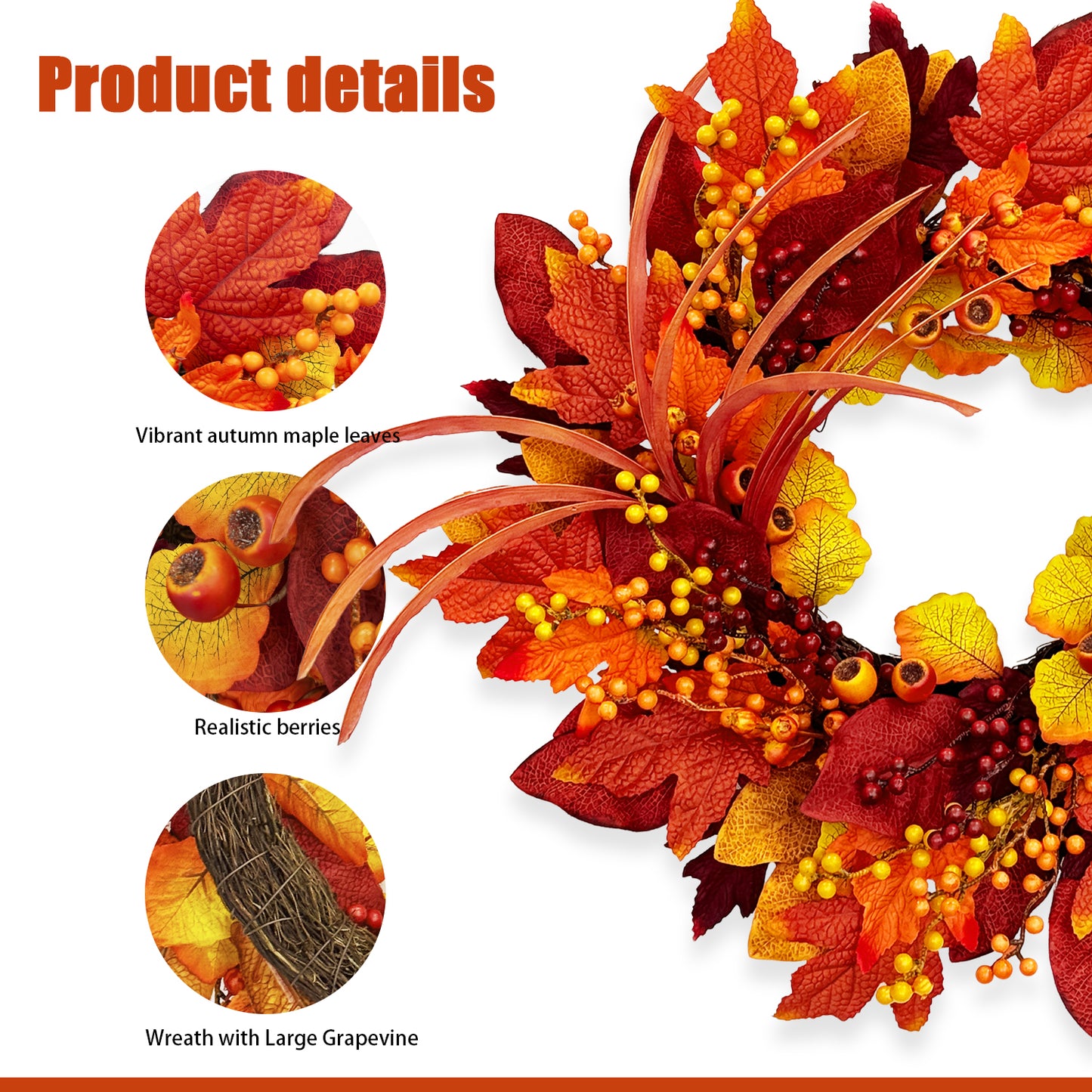 24 Inch Fall Wreaths for Front Door with Maple Leaves and Berries