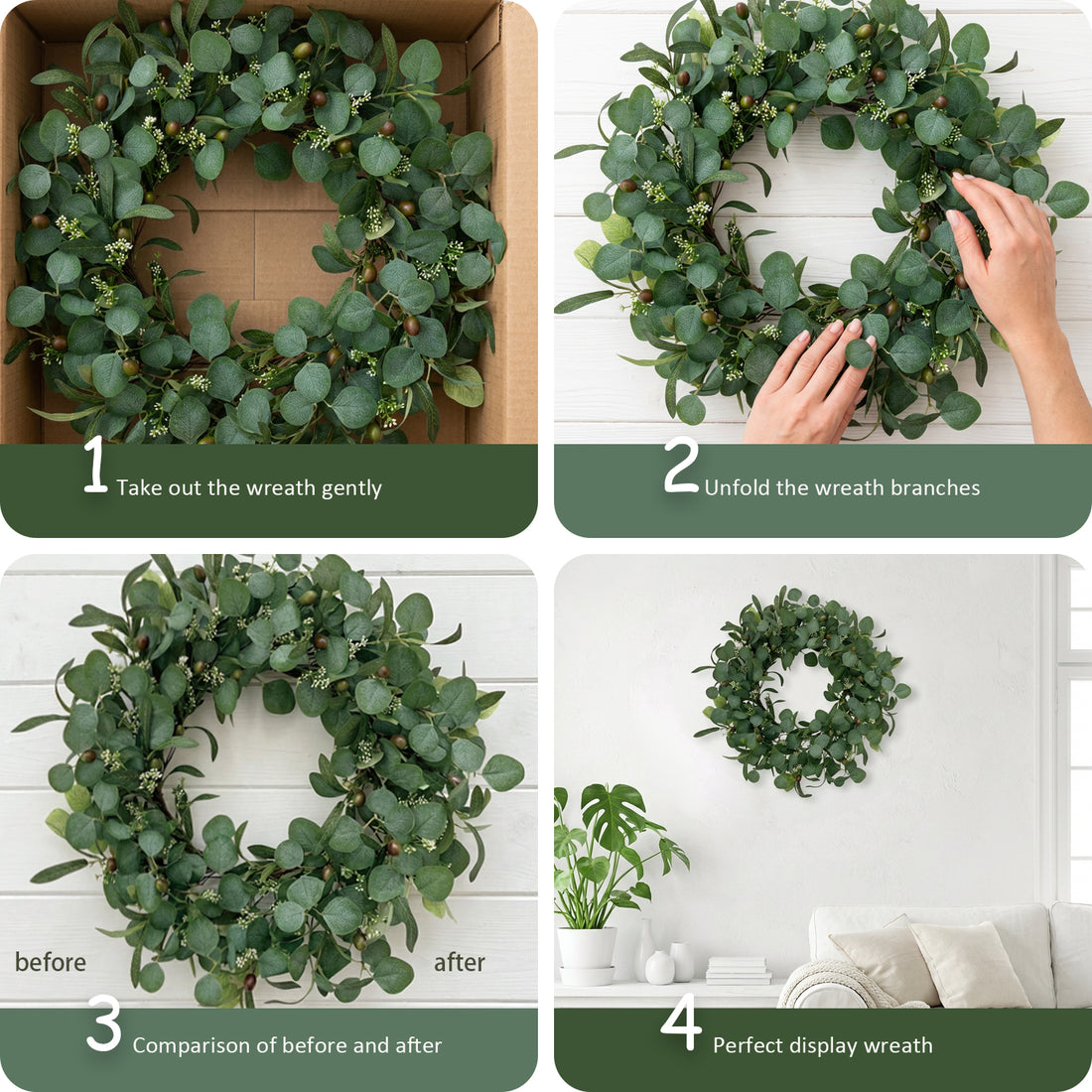 24 Inch Eucalyptus Wreath for Front Door, Large Artificial Greenery Wreaths with Olive Leaves and Berries
