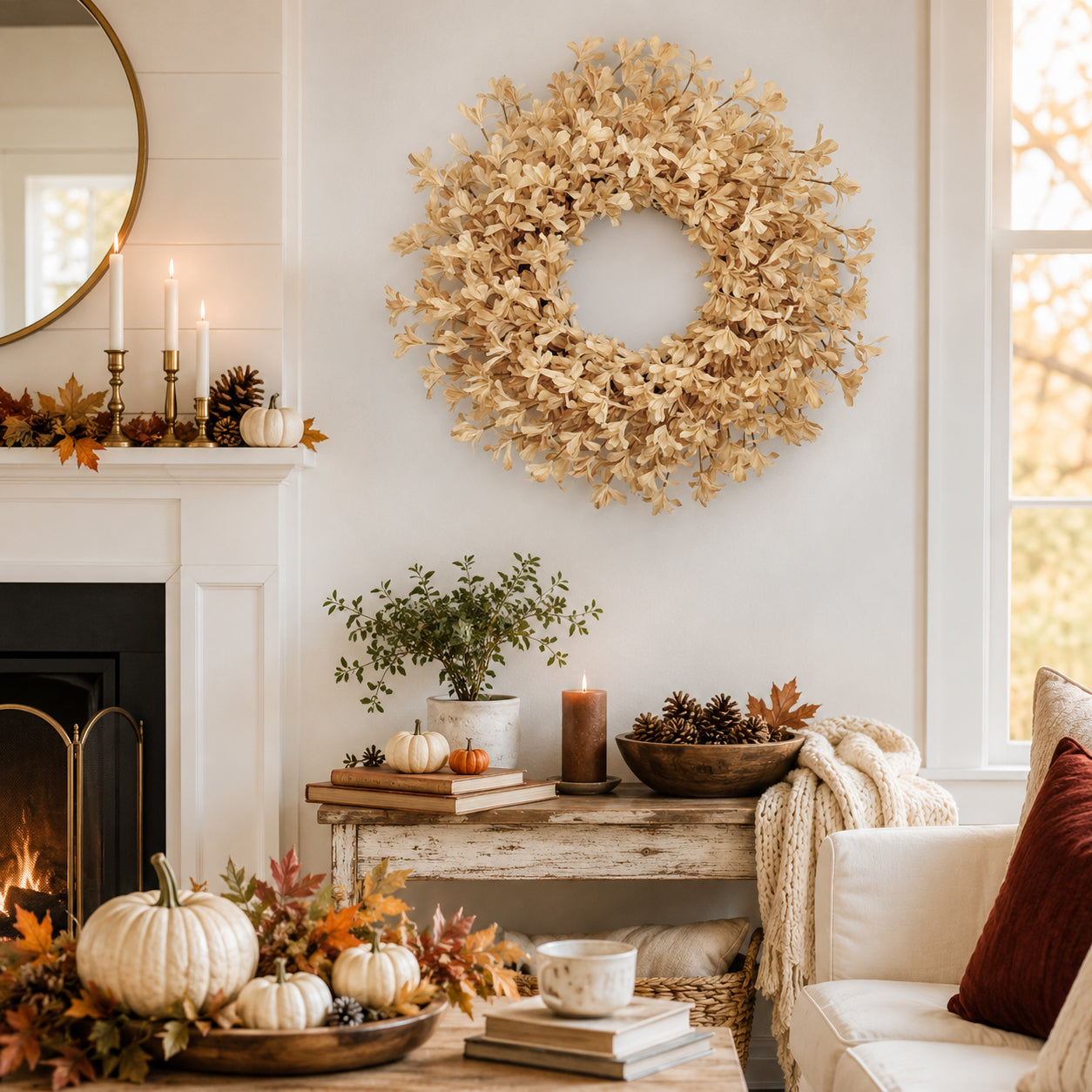 24 Inch Fall Wreaths for Front Door, Beige Forsythia Autumn Wreath