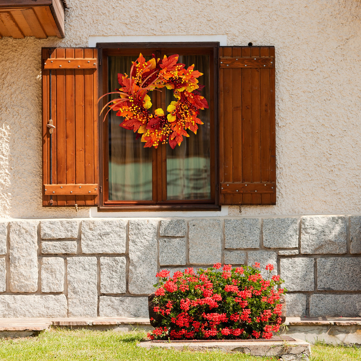 24 Inch Fall Wreaths for Front Door with Maple Leaves and Berries