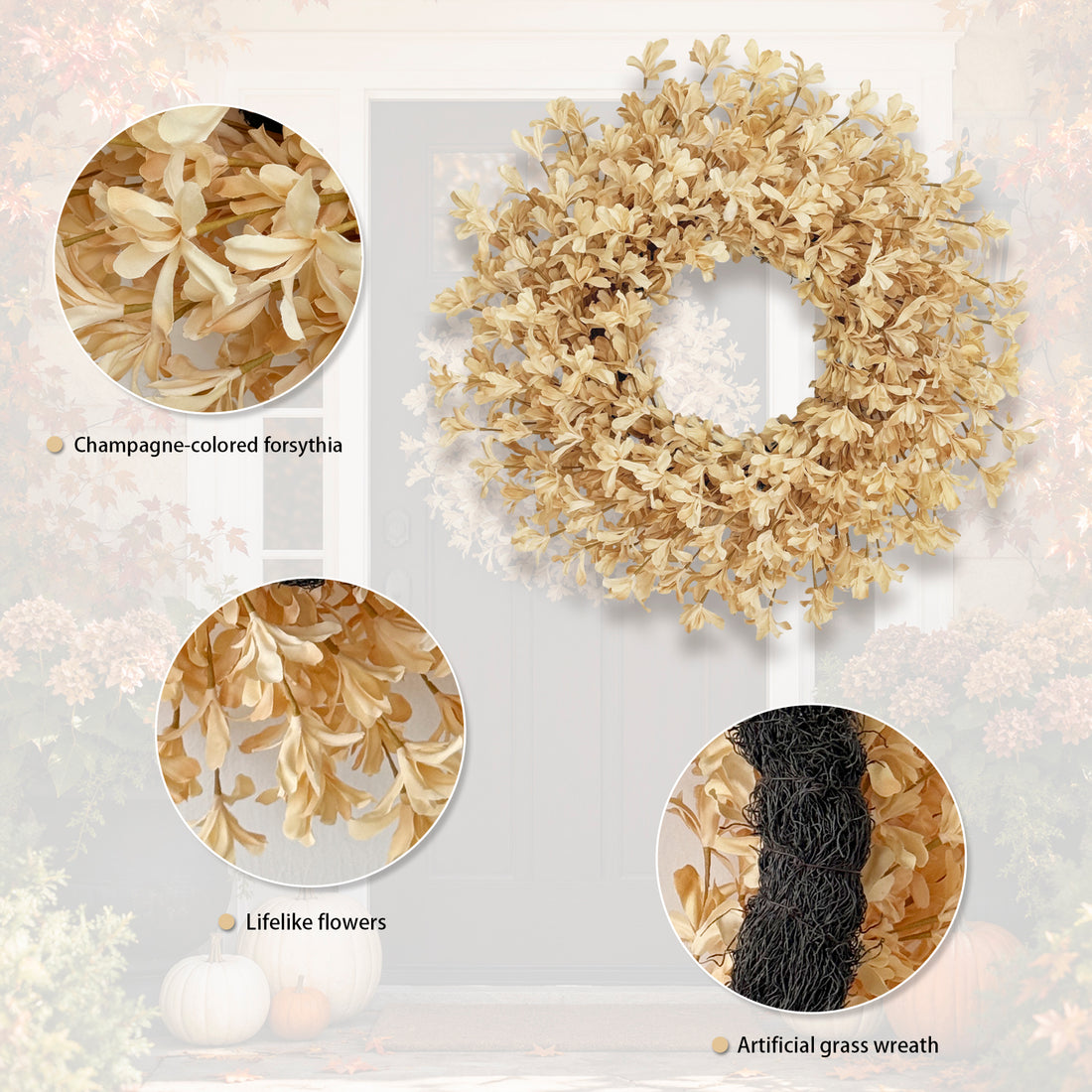 24 Inch Fall Wreaths for Front Door, Beige Forsythia Autumn Wreath