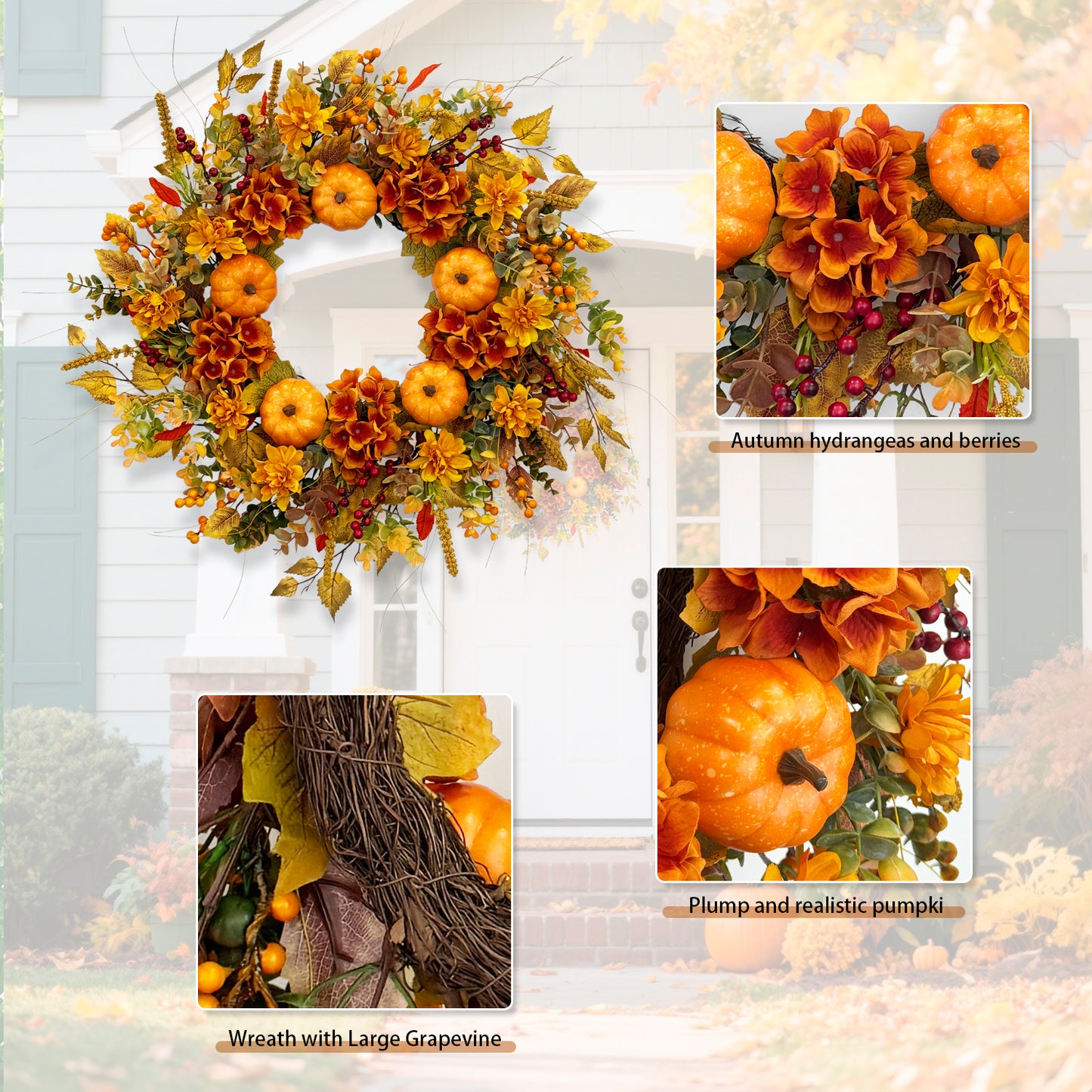 24 Inch Pumpkin Wreath Fall Wreaths for Front Door with Hydrangeas