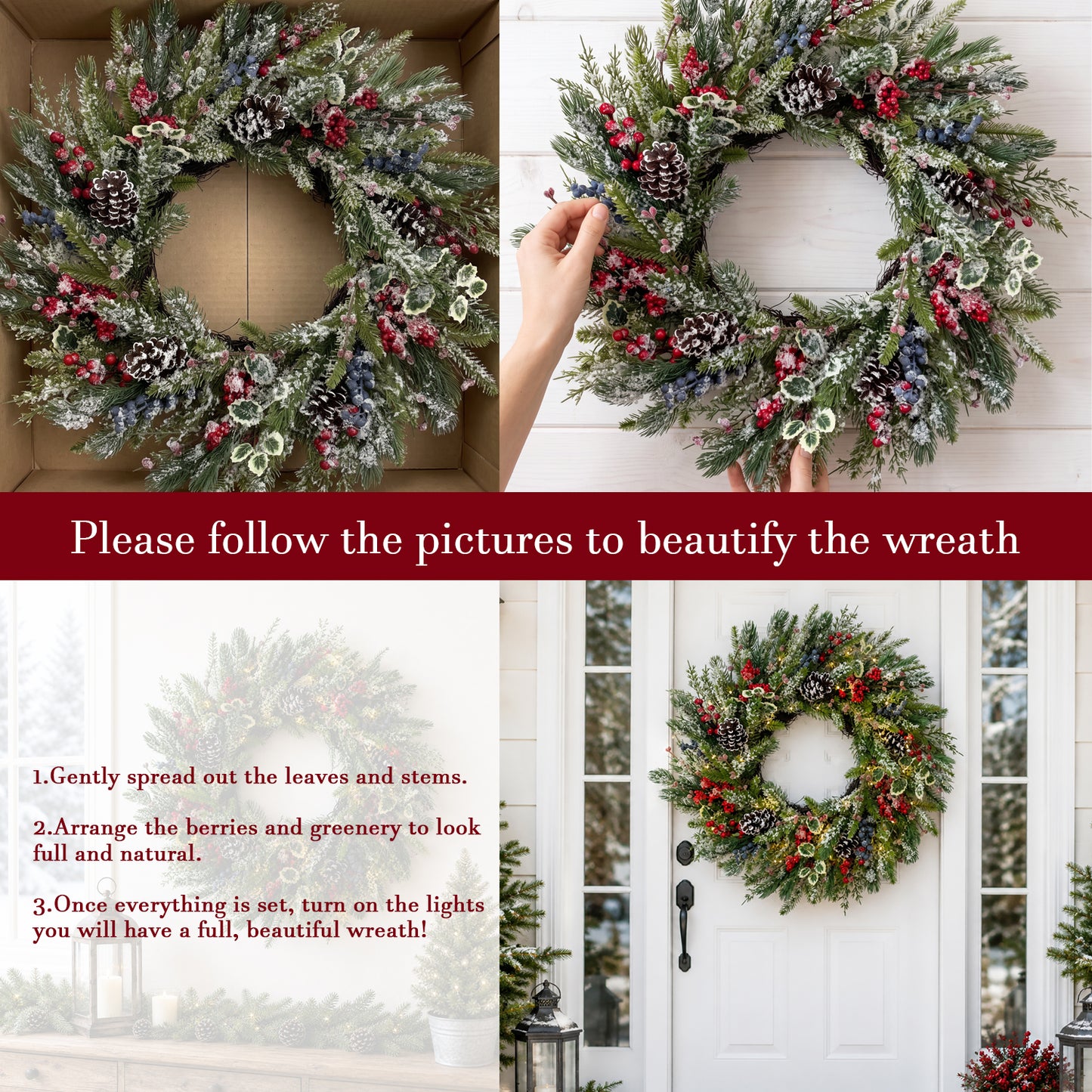 Christmas Wreath with Lights 24 Inch PreLit Xmas Wreaths for Front Door