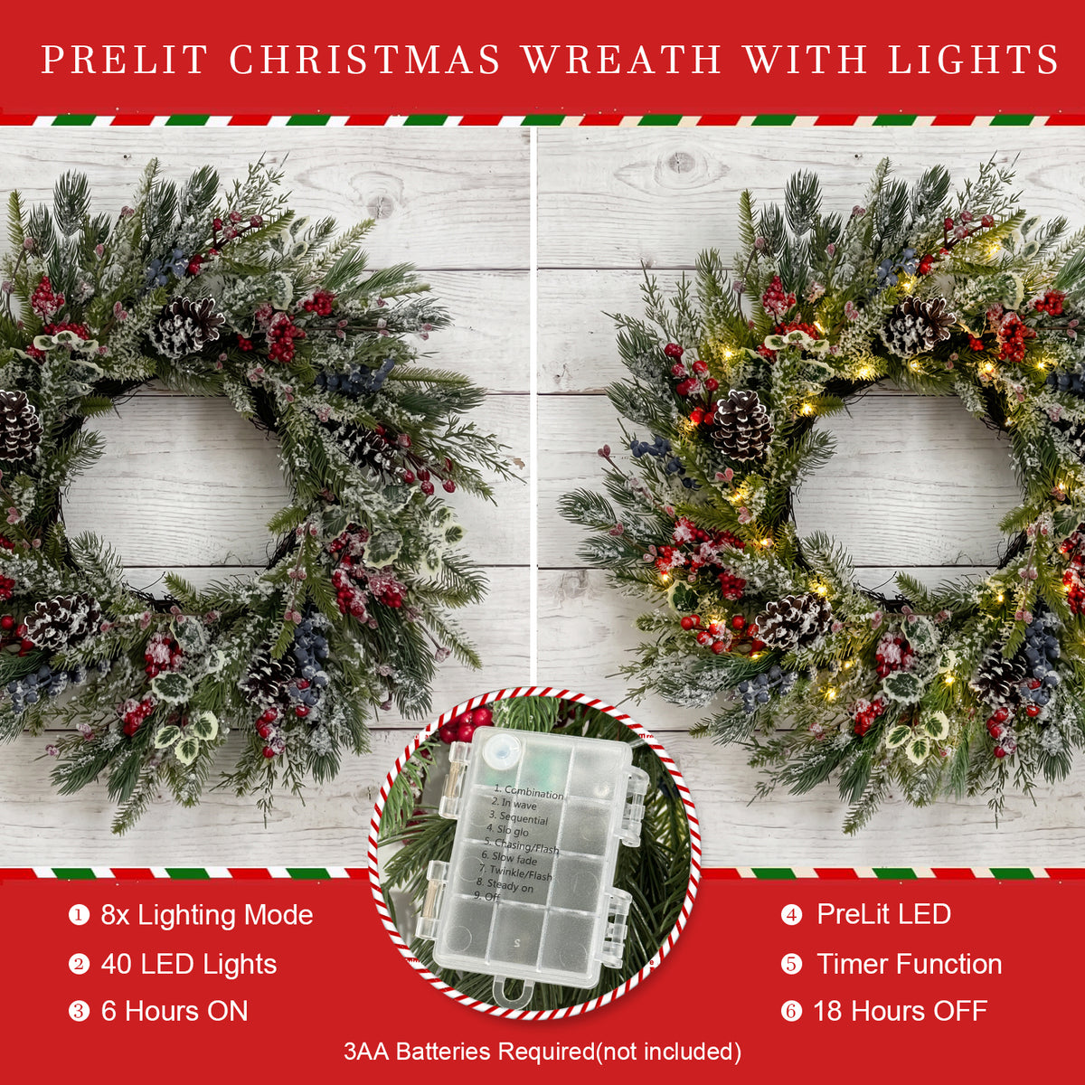 Christmas Wreath with Lights 24 Inch PreLit Xmas Wreaths for Front Door