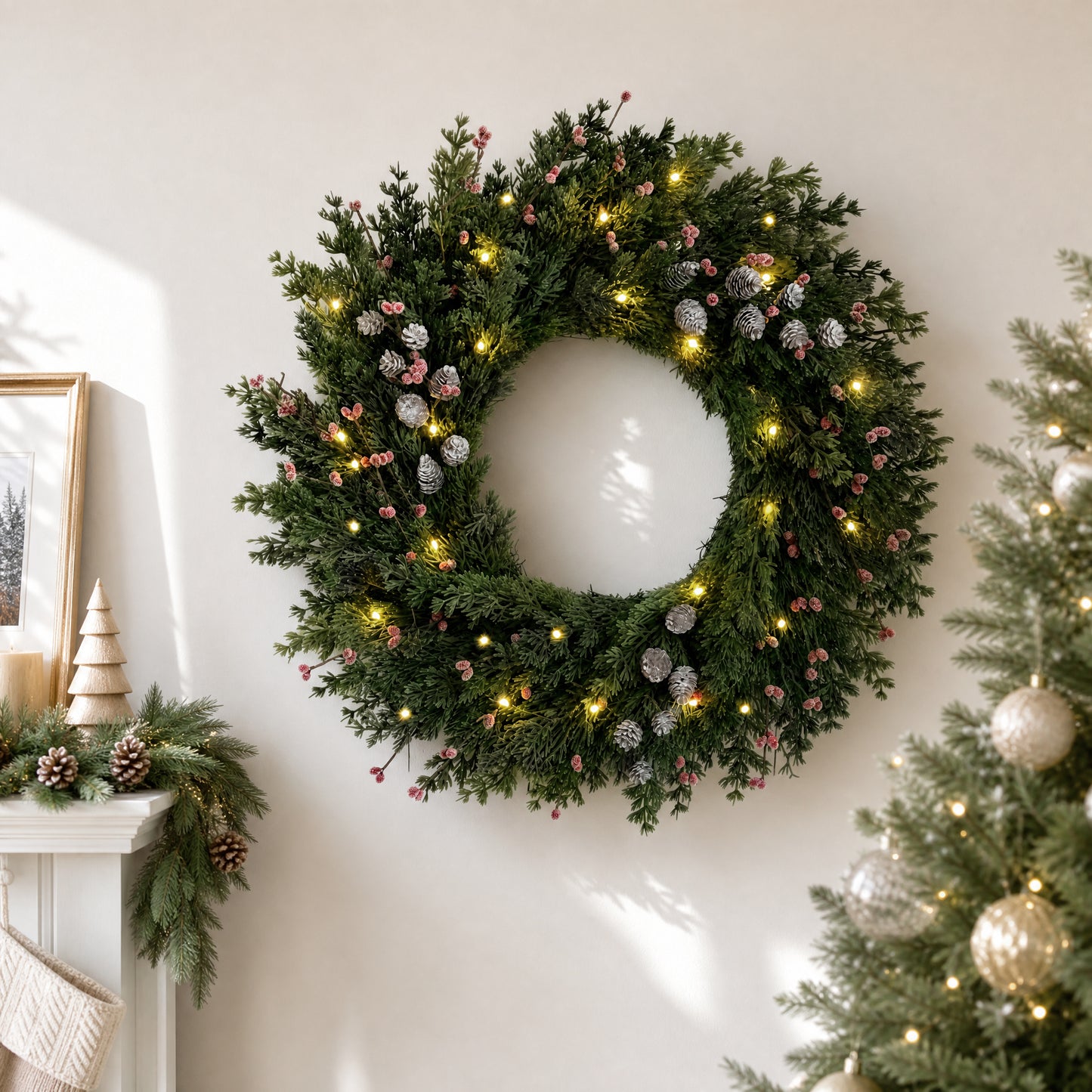 24 inch Pre-Lit Christmas Wreath with Lights, Pine and Cypress Berry Wreath