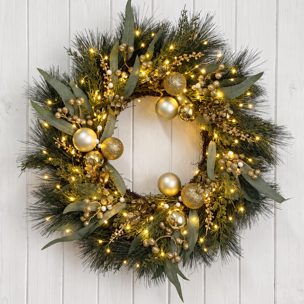 26 Inch Pre-Lit Christmas Wreath for Front Door, Gold Ball Ornaments