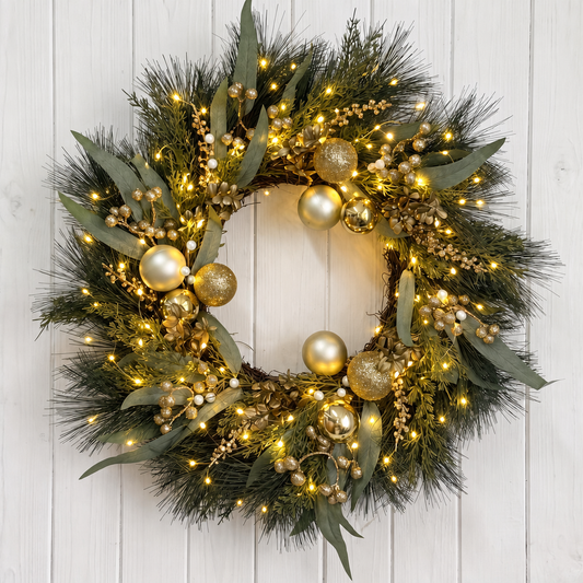 26 Inch Pre-Lit Christmas Wreath for Front Door, Gold Ball Ornaments