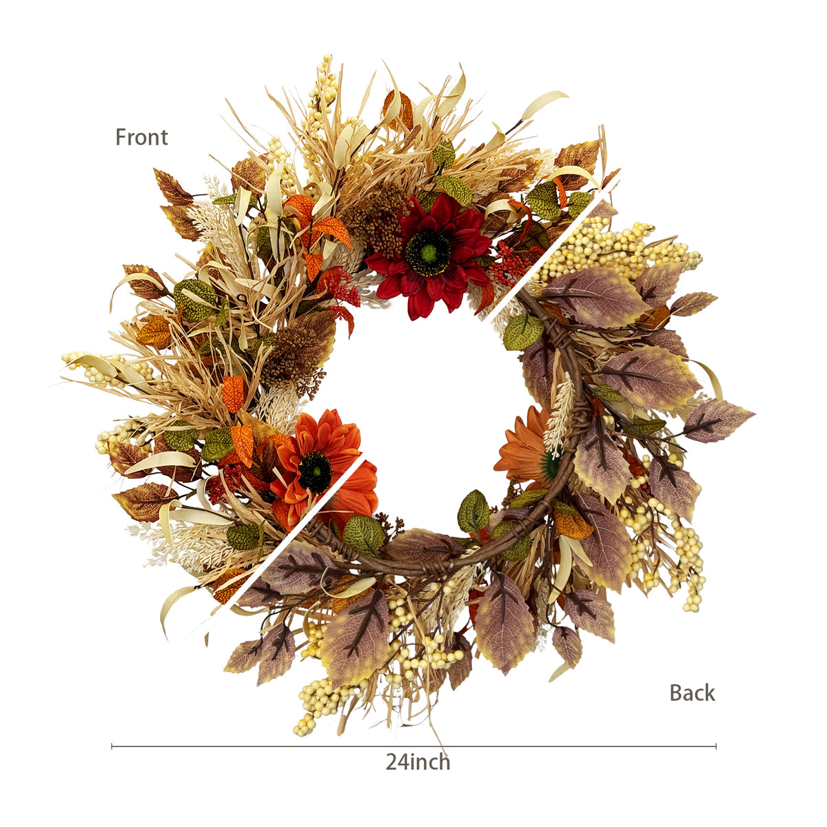 24 Inch Fall Wreaths for Front Door with Sunflowers and Raffia