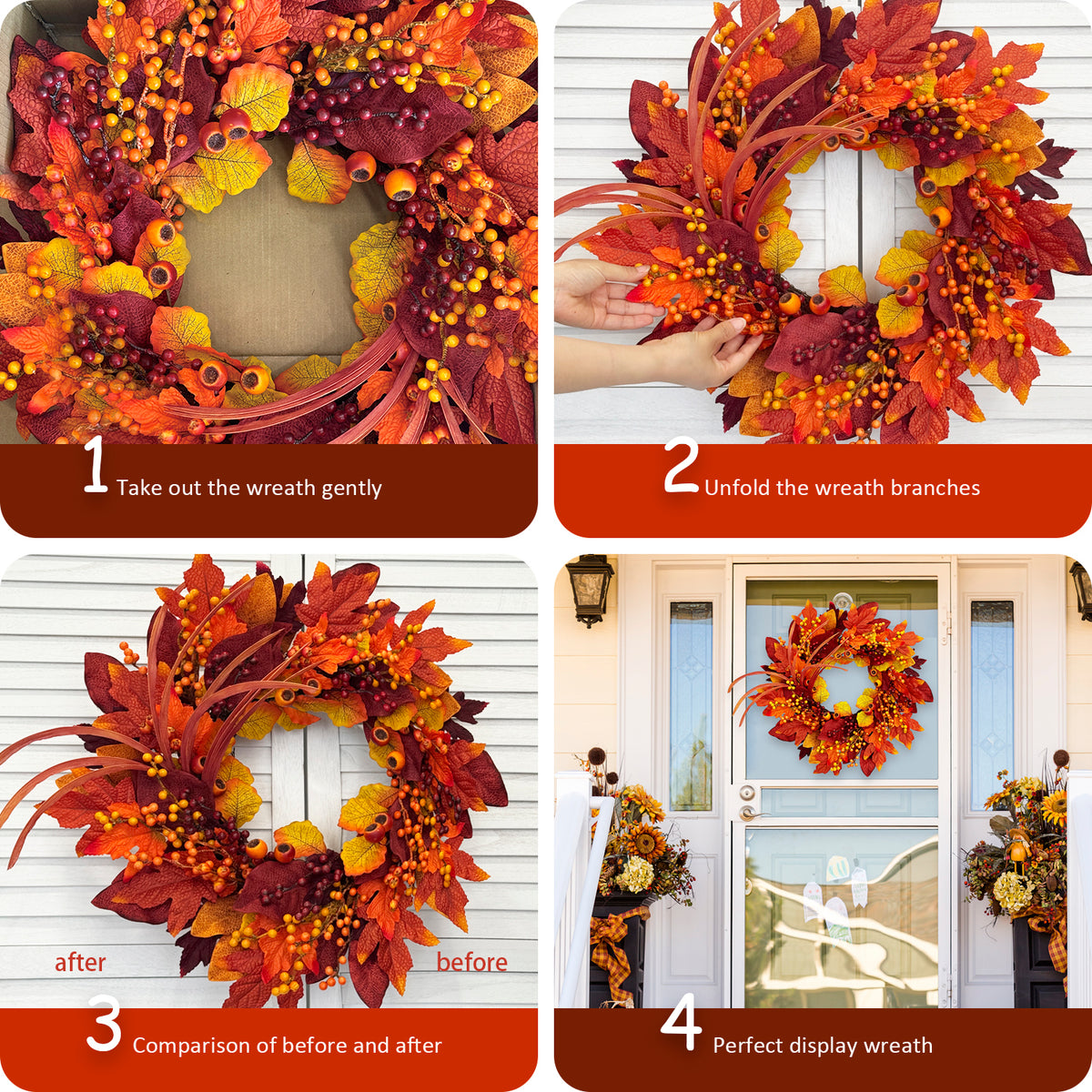 24 Inch Fall Wreaths for Front Door with Maple Leaves and Berries