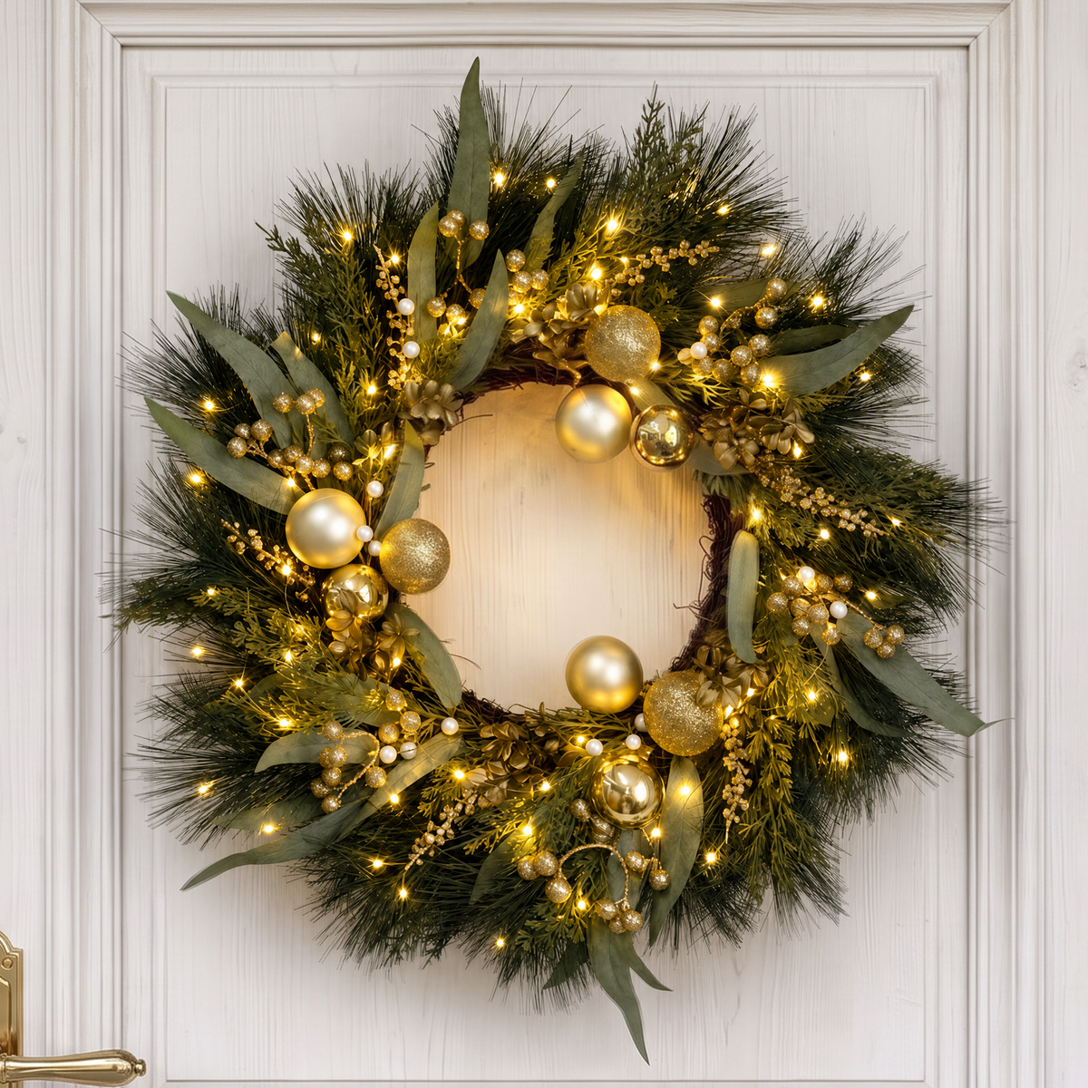 26 Inch Pre-Lit Christmas Wreath for Front Door, Gold Ball Ornaments