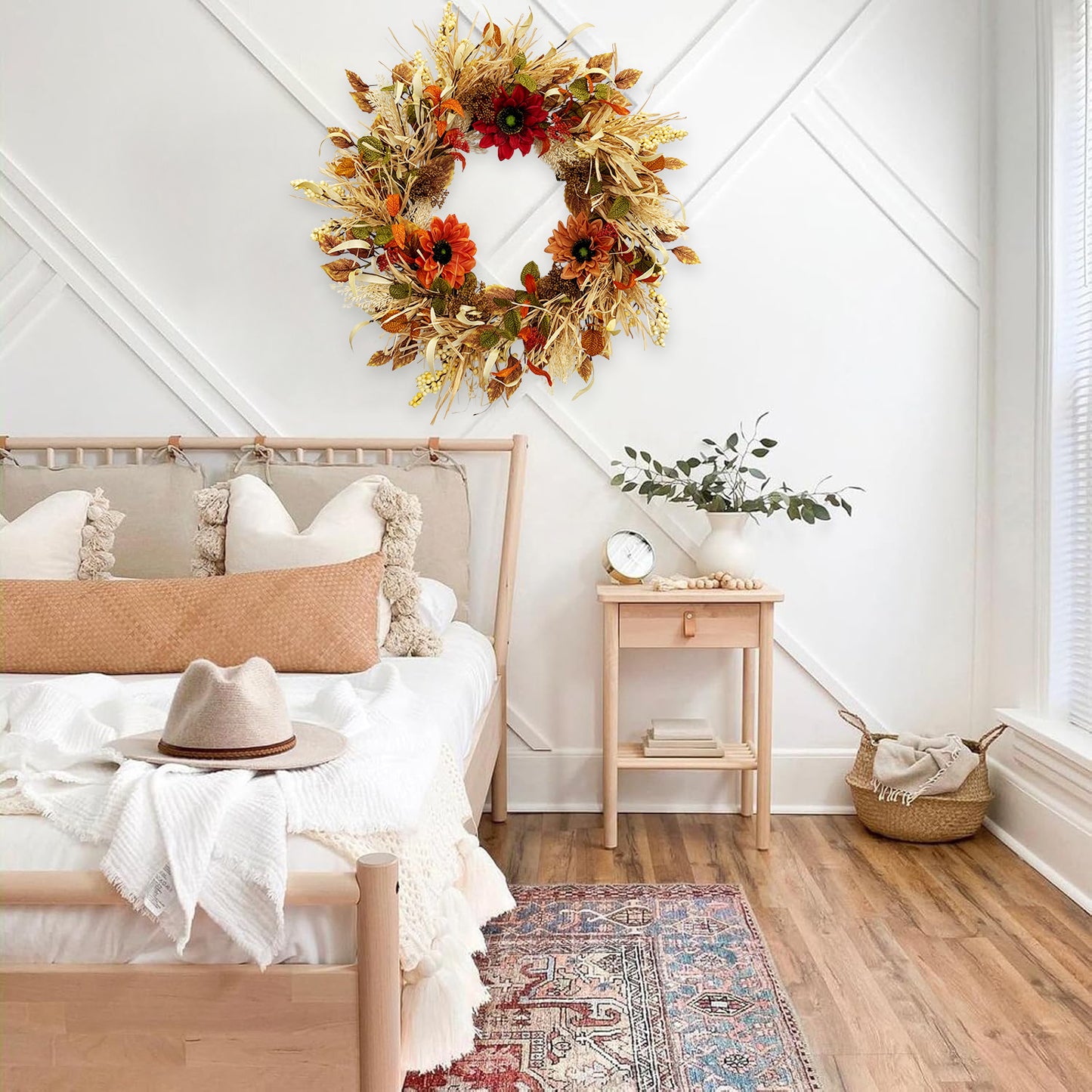 24 Inch Fall Wreaths for Front Door with Sunflowers and Raffia